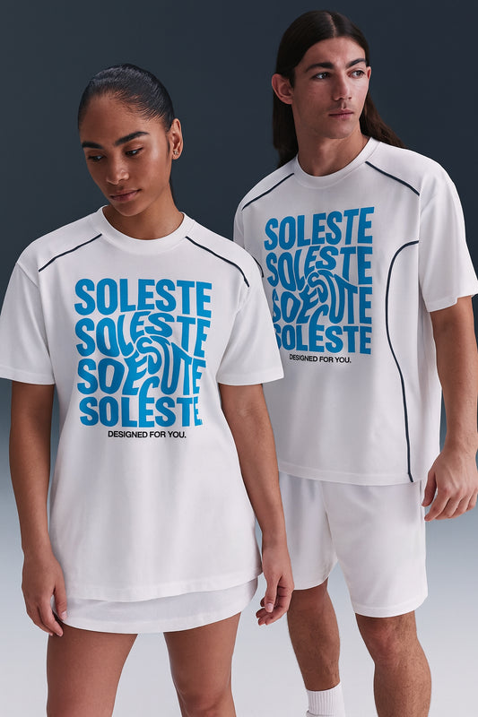 Soleste™ White Oversized Street Tee – Blue Warped Graphic Cotton Shirt